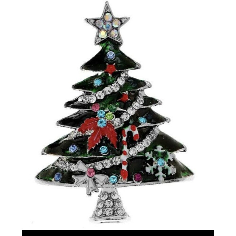 Clear Rhinestone Green Enamel Silver Tone Christmas Tree Brooch Pin Vintage